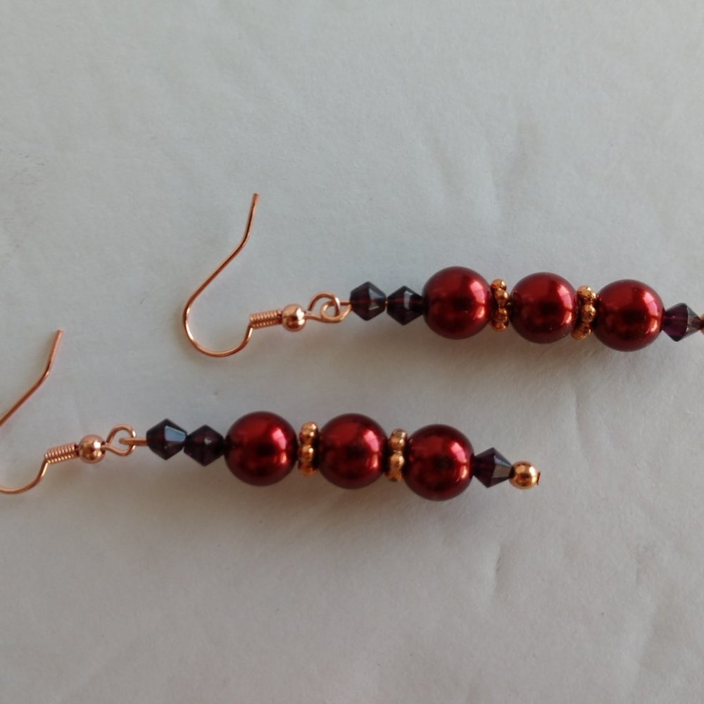 Red Faux Pearl Earrings On Copper Plated Brass Fishhooks Handmade 2.375 inches - Picture 4 of 16